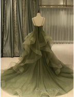 A-Line Evening Prom Dress Elegant Dress Formal Court Train Christmas Red Green Dress Sleeveless Spaghetti Strap Tulle With Pleats Ruffles