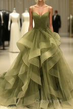 A-Line Evening Prom Dress Elegant Dress Formal Court Train Christmas Red Green Dress Sleeveless Spaghetti Strap Tulle With Pleats Ruffles