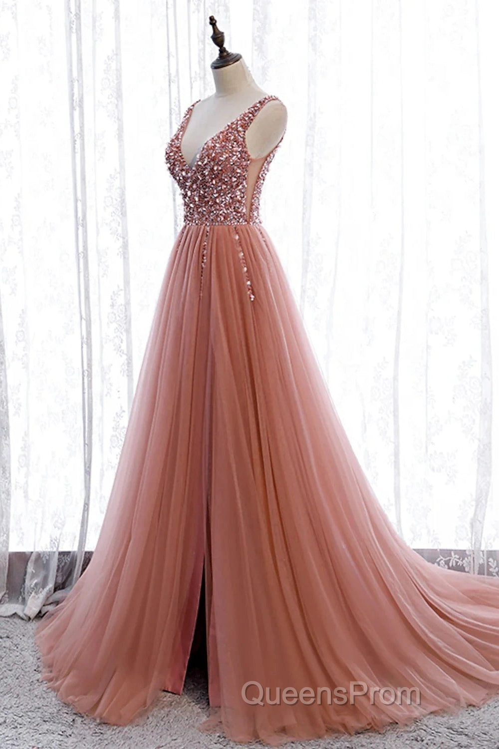 A-Line Evening Prom Dress Elegant Dress Party Wear Court Train Sleeveless V Neck Polyester With Pearls Embroidery Secondary image