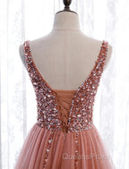 A-Line Evening Prom Dress Elegant Dress Party Wear Court Train Sleeveless V Neck Polyester With Pearls Embroidery