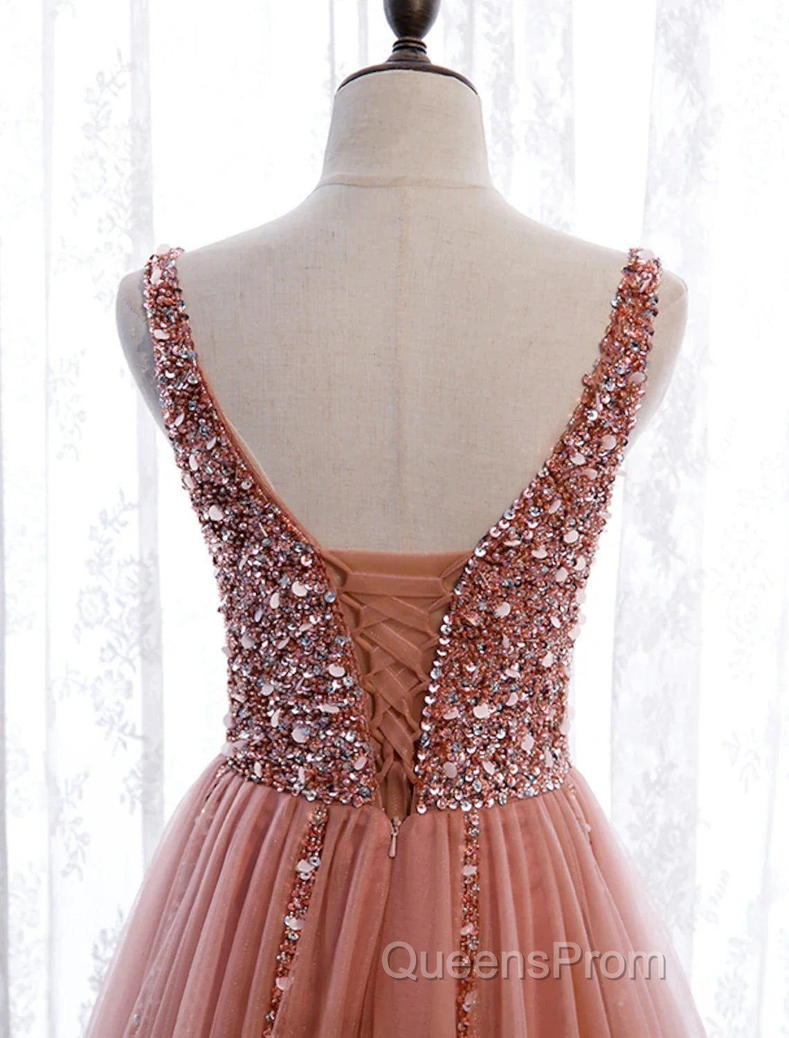 A-Line Evening Prom Dress Elegant Dress Party Wear Court Train Sleeveless V Neck Polyester With Pearls Embroidery