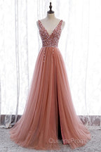 A-Line Evening Prom Dress Elegant Dress Party Wear Court Train Sleeveless V Neck Polyester With Pearls Embroidery