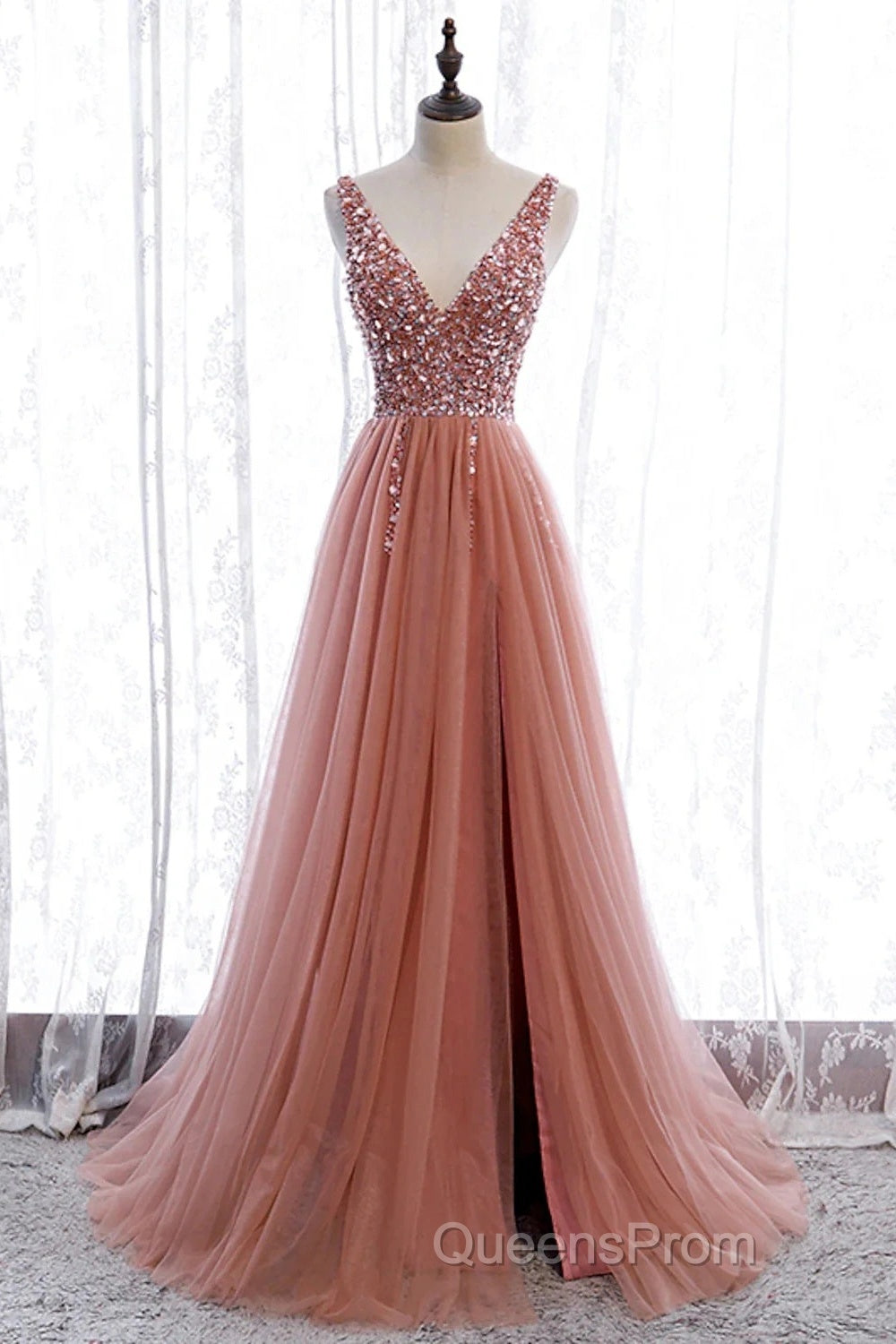A-Line Evening Prom Dress Elegant Dress Party Wear Court Train Sleeveless V Neck Polyester With Pearls Embroidery