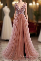 A-Line Evening Prom Dress Elegant Dress Party Wear Court Train Sleeveless V Neck Polyester With Pearls Embroidery