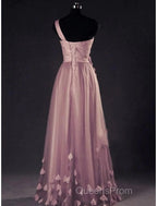 A-Line Evening Prom Dress Elegant Dress Wedding Floor Length Sleeveless One Shoulder Tulle With Appliques