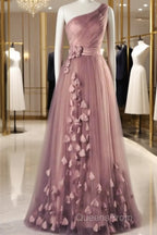 A-Line Evening Prom Dress Elegant Dress Wedding Floor Length Sleeveless One Shoulder Tulle With Appliques