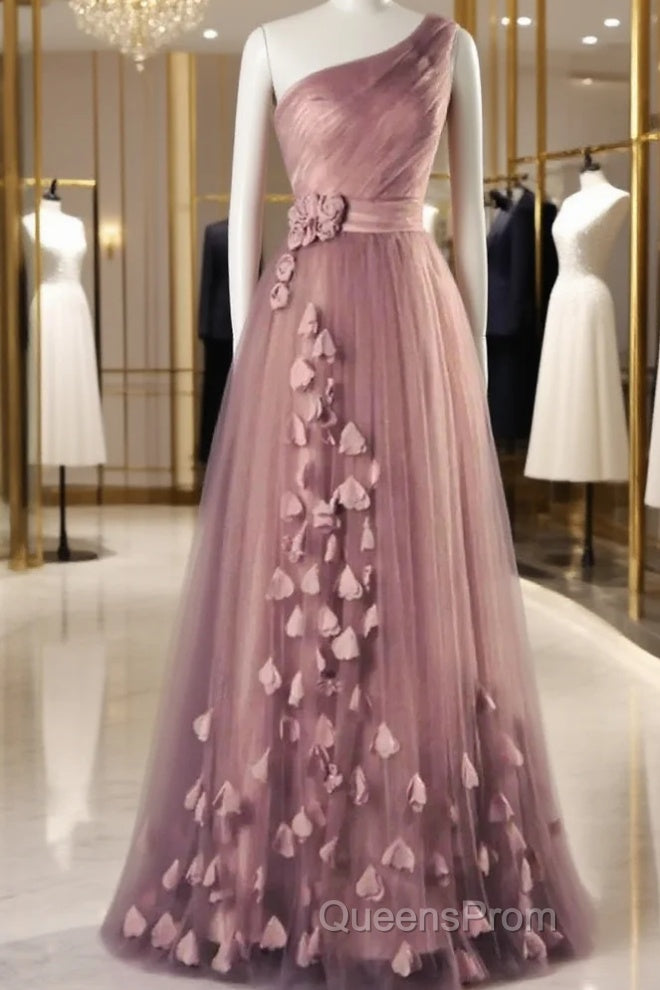 A-Line Evening Prom Dress Elegant Dress Wedding Floor Length Sleeveless One Shoulder Tulle With Appliques