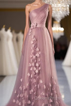 A-Line Evening Prom Dress Floral Dress Wedding Guest Evening Prom Floor Length Sleeveless One Shoulder Tulle With Appliques