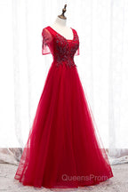 A-Line Evening Prom Dress Luxurious Dress Wedding Guest Formal Evening Floor Length Short Sleeve Spaghetti Strap Tulle