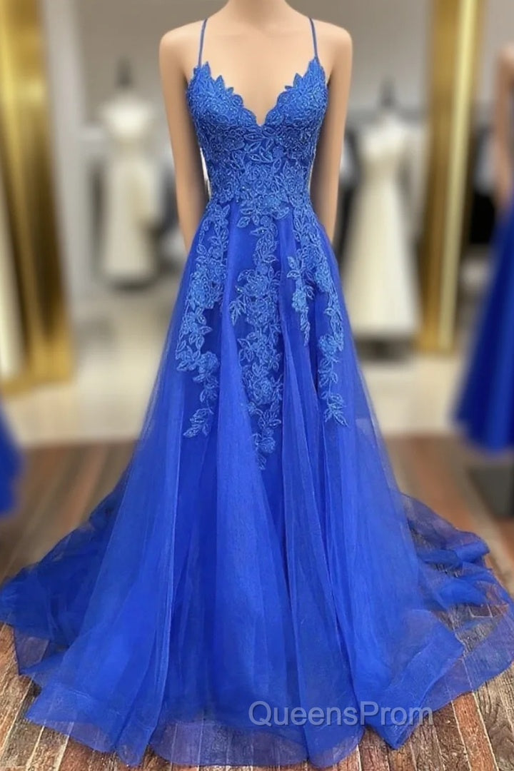 A-Line Evening Prom Dress Open Back Dress Formal Evening Prom Court Train Sleeveless V Neck Tulle Backless V Back With Beading Appliques Main image