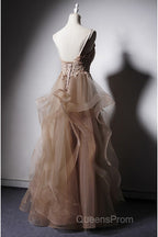 A-Line Evening Prom Dress Open Back Dress Formal Wedding Party Floor Length Sleeveless Spaghetti Strap Lace With Ruffles Appliques