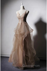 A-Line Evening Prom Dress Open Back Dress Formal Wedding Party Floor Length Sleeveless Spaghetti Strap Lace With Ruffles Appliques