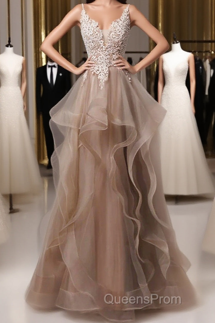A-Line Evening Prom Dress Open Back Dress Formal Wedding Party Floor Length Sleeveless Spaghetti Strap Lace With Ruffles Appliques Main image