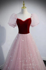 A-Line Evening Prom Dress Princess Dress Evening Prom Floor Length Short Sleeve Sweetheart Tulle With Sequin