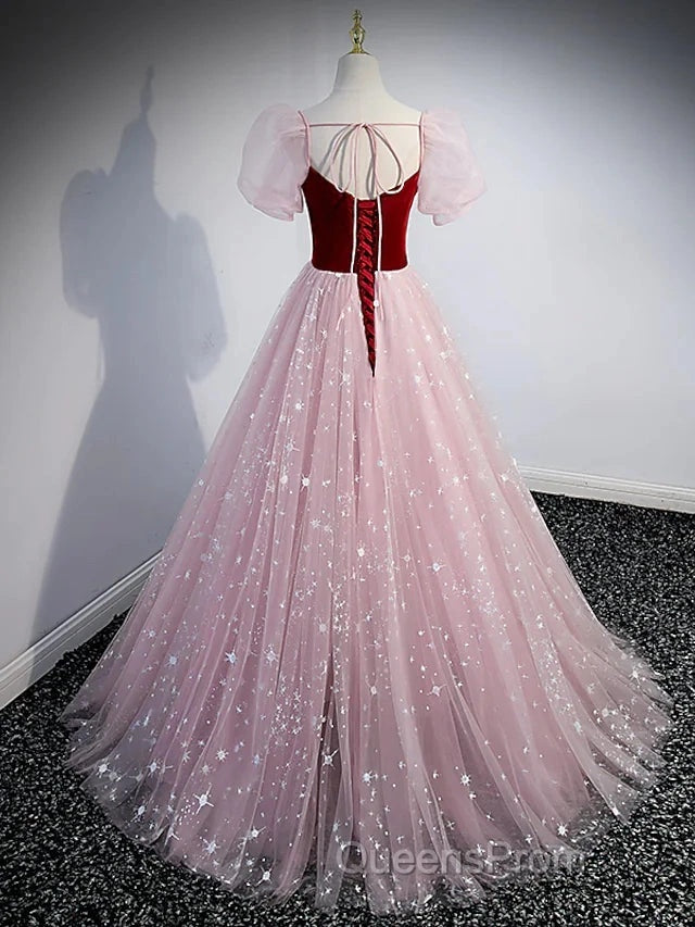 A-Line Evening Prom Dress Princess Dress Evening Prom Floor Length Short Sleeve Sweetheart Tulle With Sequin
