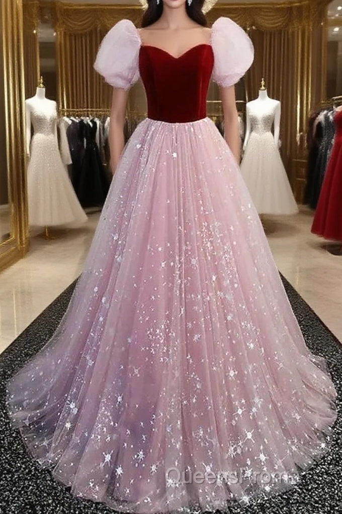 A-Line Evening Prom Dress Princess Dress Evening Prom Floor Length Short Sleeve Sweetheart Tulle With Sequin Main image