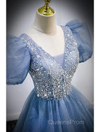 A-Line Evening Prom Dress Puffy Dress Quinceanera Floor Length Short Sleeve V Neck Tulle With Sequin