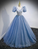 A-Line Evening Prom Dress Puffy Dress Quinceanera Floor Length Short Sleeve V Neck Tulle With Sequin