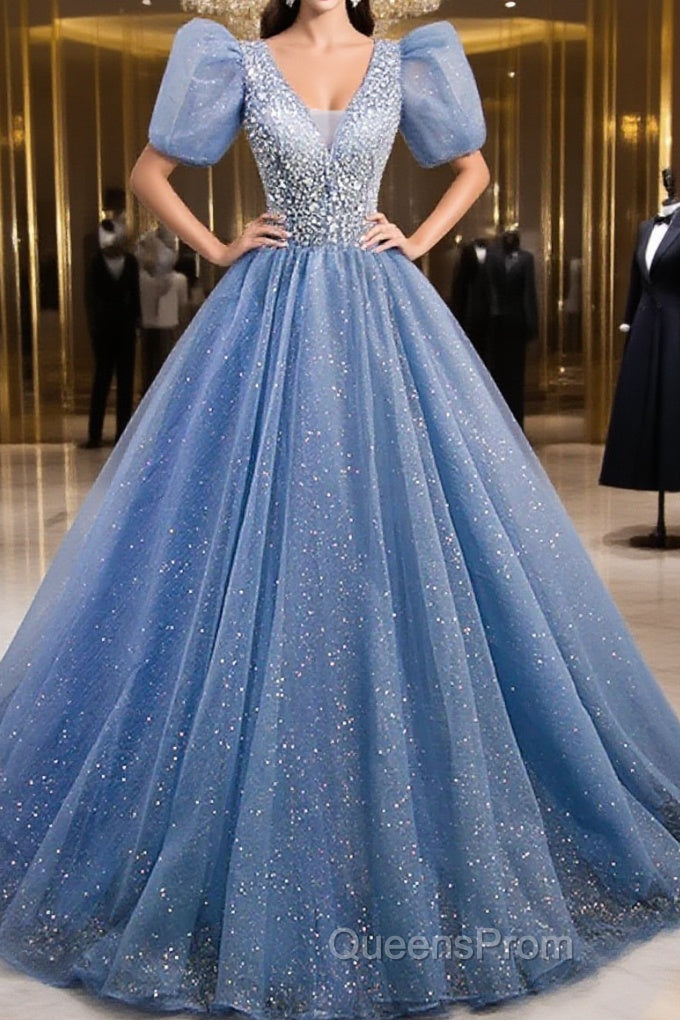 A-Line Evening Prom Dress Puffy Dress Quinceanera Floor Length Short Sleeve V Neck Tulle With Sequin Main image