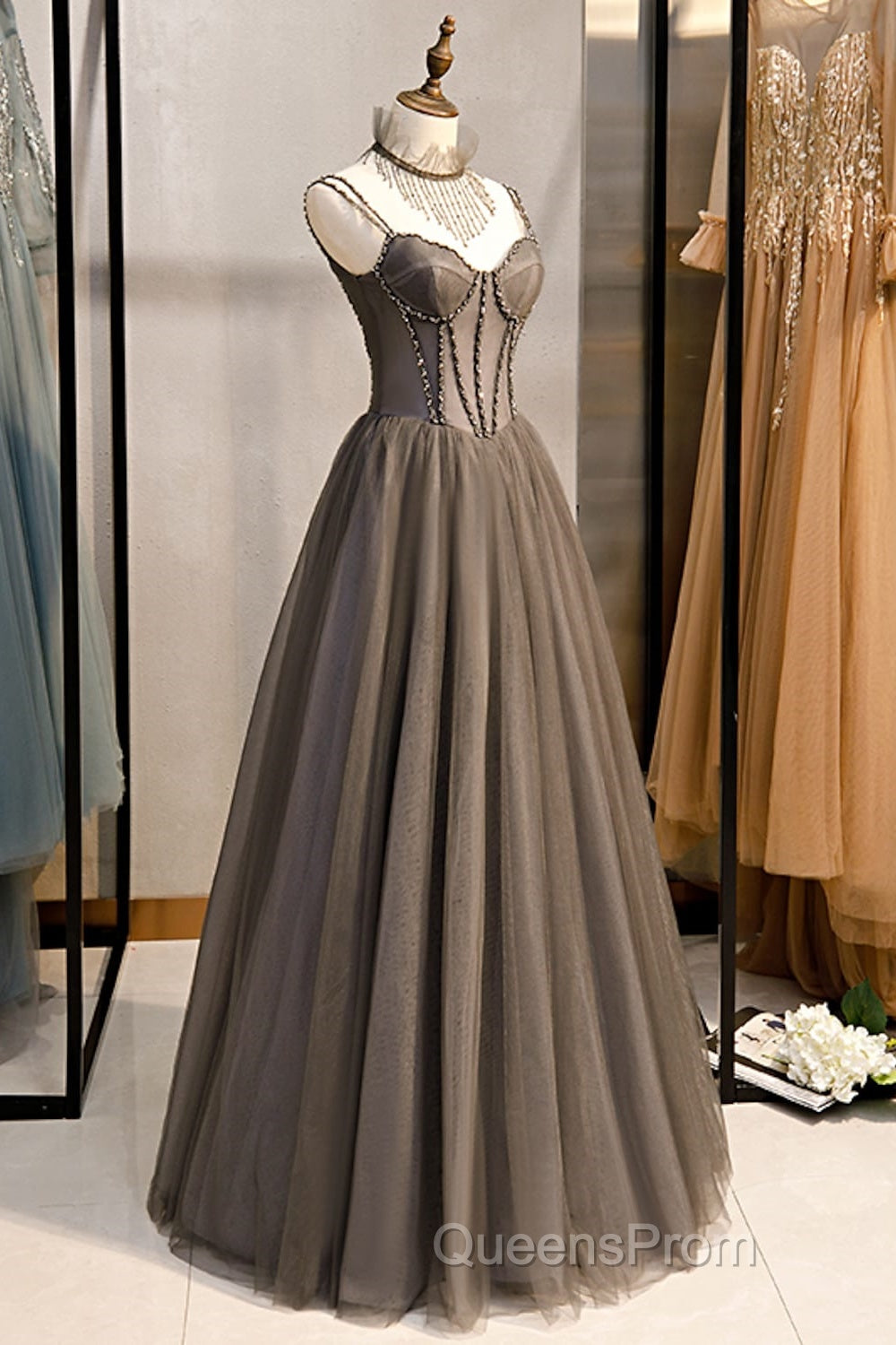 A-Line Evening Prom Dress Sexy Dress Formal Floor Length Sleeveless Strap Tulle With Pleats Crystals