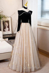 A-Line Evening Prom Dress Sparkle & Shine Dress Engagement Floor Length Long Sleeve Sweetheart Tulle With Sequin