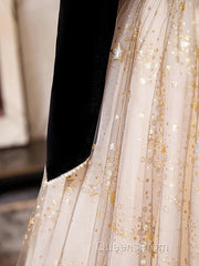 A-Line Evening Prom Dress Sparkle & Shine Dress Engagement Floor Length Long Sleeve Sweetheart Tulle With Sequin