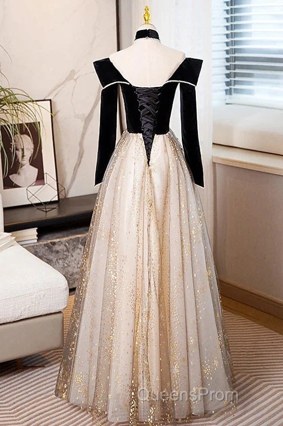 A-Line Evening Prom Dress Sparkle & Shine Dress Engagement Floor Length Long Sleeve Sweetheart Tulle With Sequin