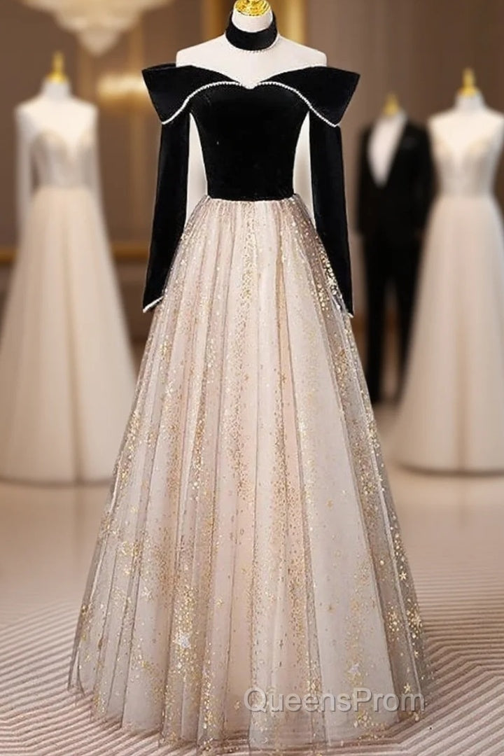 A-Line Evening Prom Dress Sparkle & Shine Dress Engagement Floor Length Long Sleeve Sweetheart Tulle With Sequin Main image
