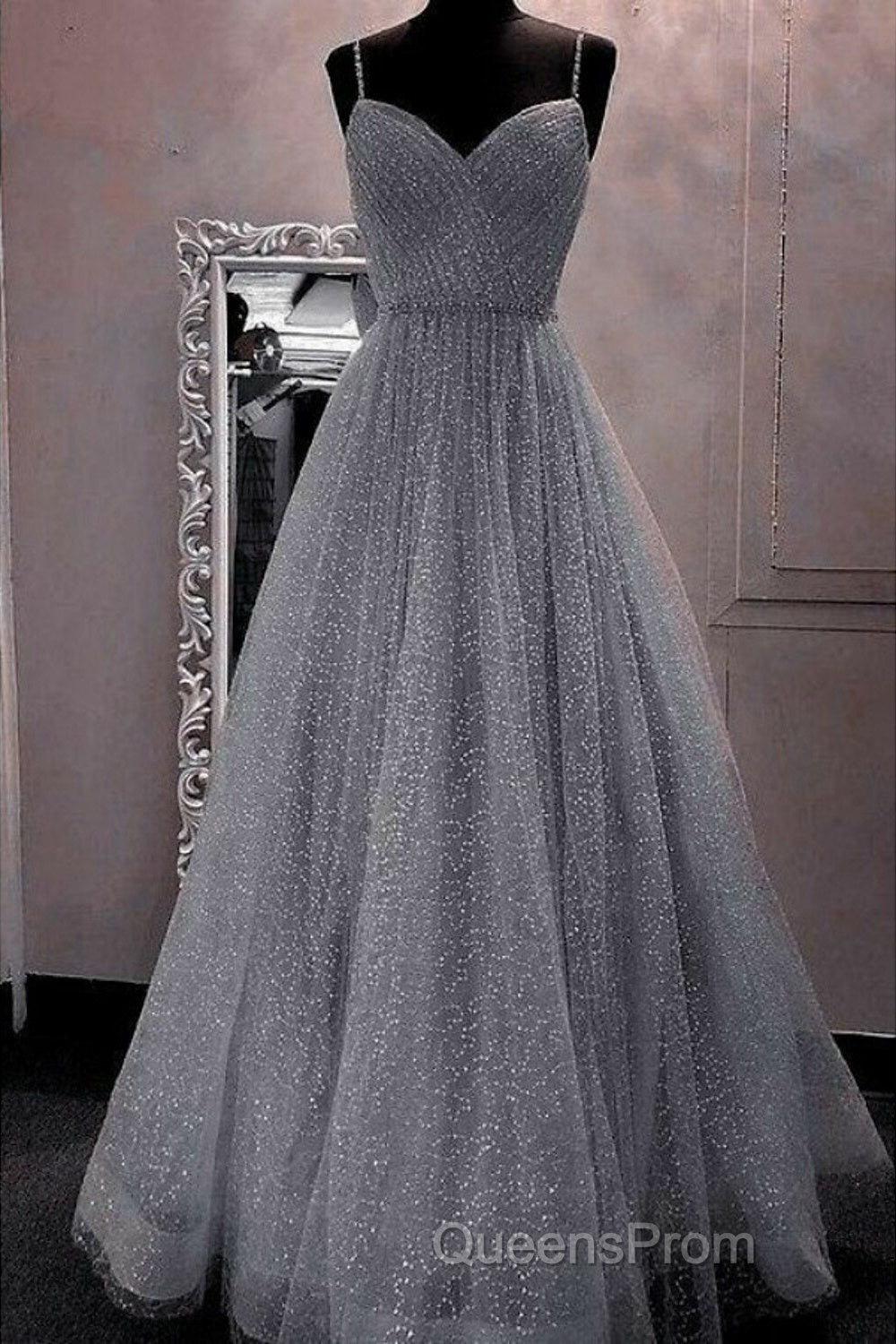 A-Line Evening Prom Dress Sparkle & Shine Dress Party Dress Birthday Floor Length Sleeveless Spaghetti Strap Tulle With Glitter Crystals