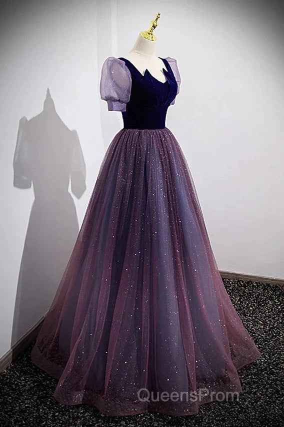 A-Line Evening Prom Dress Sparkle & Shine Dress Evening Prom Floor Length Short Sleeve Scoop Neck Tulle With Sequin Secondary image