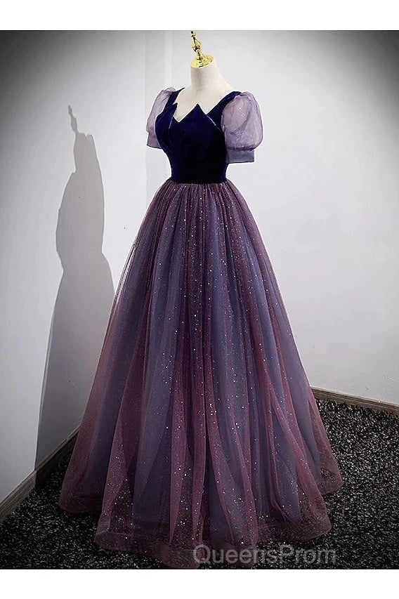 A-Line Evening Prom Dress Sparkle & Shine Dress Evening Prom Floor Length Short Sleeve Scoop Neck Tulle With Sequin