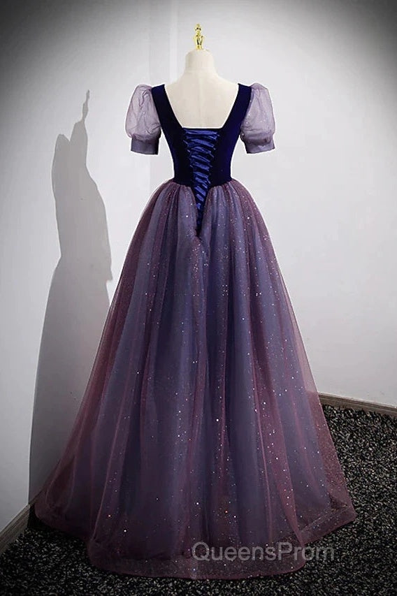 A-Line Evening Prom Dress Sparkle & Shine Dress Evening Prom Floor Length Short Sleeve Scoop Neck Tulle With Sequin