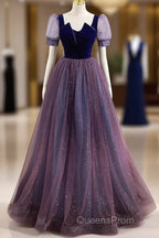 A-Line Evening Prom Dress Sparkle & Shine Dress Evening Prom Floor Length Short Sleeve Scoop Neck Tulle With Sequin