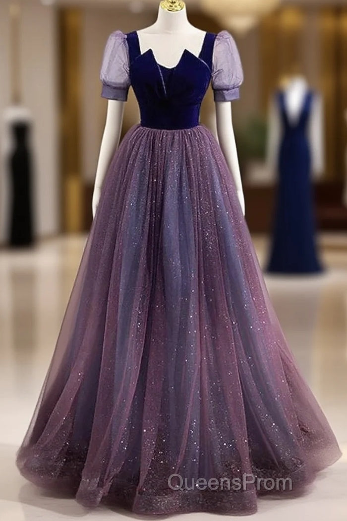 A-Line Evening Prom Dress Sparkle & Shine Dress Evening Prom Floor Length Short Sleeve Scoop Neck Tulle With Sequin