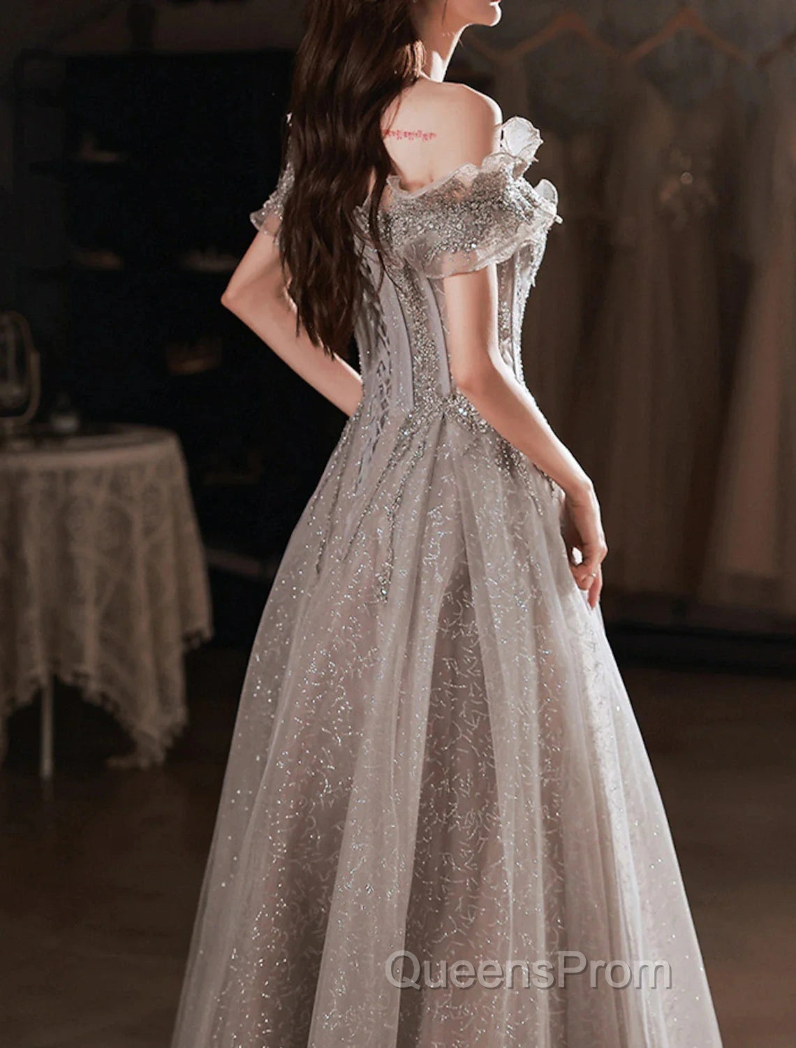 A-Line Evening Prom Dress Sparkle & Shine Dress Wedding Guest Evening Prom Floor Length Short Sleeve Off Shoulder Polyester With Sequin Ruffles Secondary image