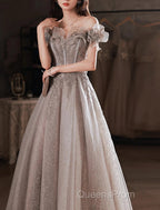 A-Line Evening Prom Dress Sparkle & Shine Dress Wedding Guest Evening Prom Floor Length Short Sleeve Off Shoulder Polyester With Sequin Ruffles