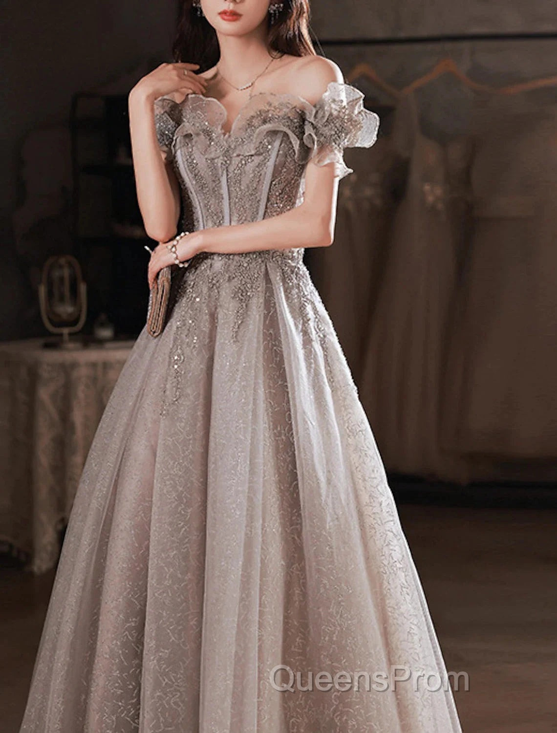 A-Line Evening Prom Dress Sparkle & Shine Dress Wedding Guest Evening Prom Floor Length Short Sleeve Off Shoulder Polyester With Sequin Ruffles
