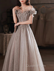 A-Line Evening Prom Dress Sparkle & Shine Dress Wedding Guest Evening Prom Floor Length Short Sleeve Off Shoulder Polyester With Sequin Ruffles