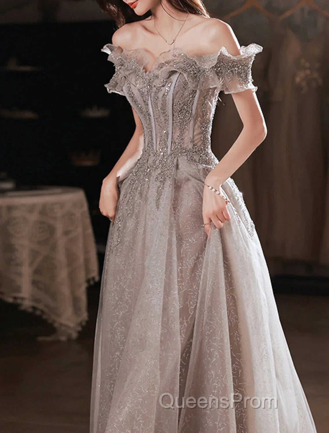 A-Line Evening Prom Dress Sparkle & Shine Dress Wedding Guest Evening Prom Floor Length Short Sleeve Off Shoulder Polyester With Sequin Ruffles