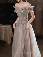 A-Line Evening Prom Dress Sparkle & Shine Dress Wedding Guest Evening Prom Floor Length Short Sleeve Off Shoulder Polyester With Sequin Ruffles