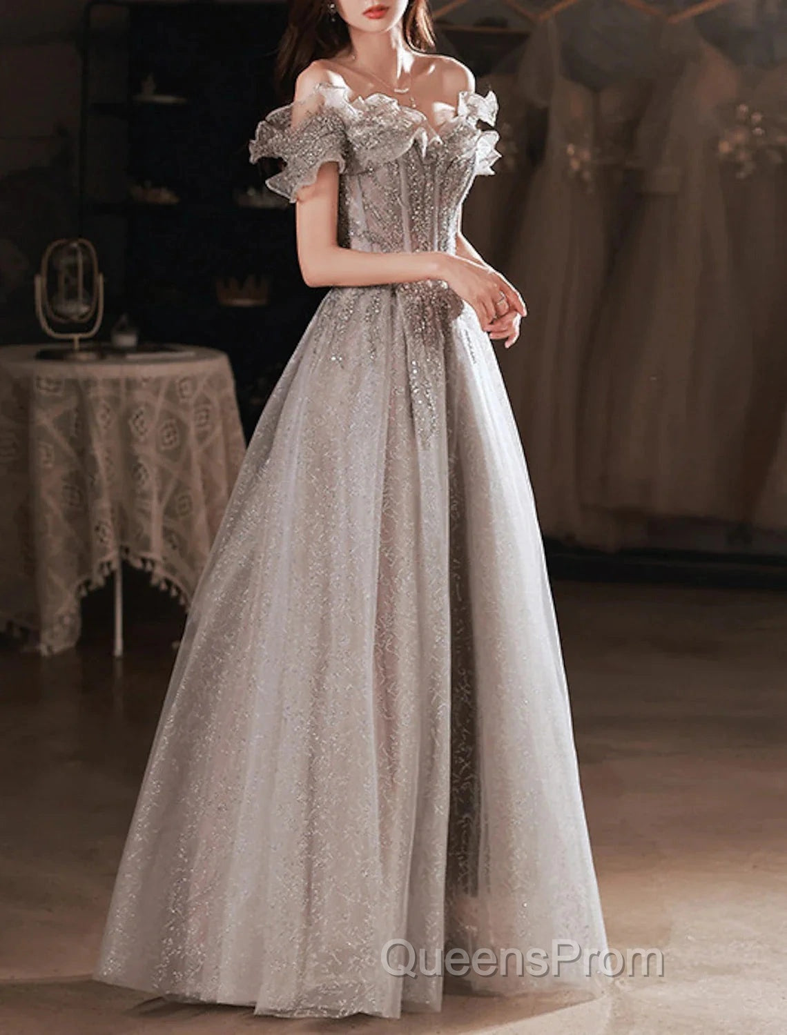 A-Line Evening Prom Dress Sparkle & Shine Dress Wedding Guest Evening Prom Floor Length Short Sleeve Off Shoulder Polyester With Sequin Ruffles