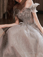 A-Line Evening Prom Dress Sparkle & Shine Dress Wedding Guest Evening Prom Floor Length Short Sleeve Off Shoulder Polyester With Sequin Ruffles