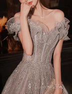 A-Line Evening Prom Dress Sparkle & Shine Dress Wedding Guest Evening Prom Floor Length Short Sleeve Off Shoulder Polyester With Sequin Ruffles