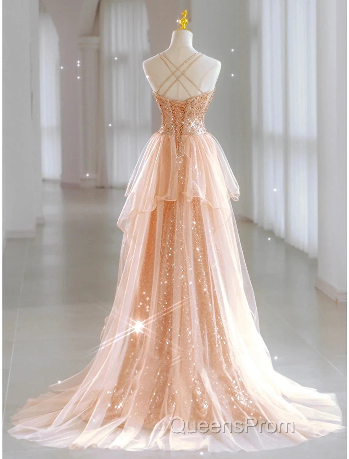 A-Line Evening Prom Dress Sparkle & Shine Dress Wedding Guest Sweet 16 Floor Length Sleeveless Sweetheart Tulle With Sequin Secondary image