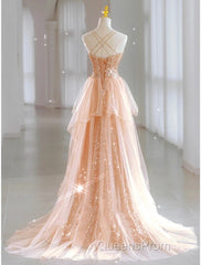 A-Line Evening Prom Dress Sparkle & Shine Dress Wedding Guest Sweet 16 Floor Length Sleeveless Sweetheart Tulle With Sequin