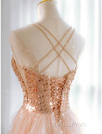 A-Line Evening Prom Dress Sparkle & Shine Dress Wedding Guest Sweet 16 Floor Length Sleeveless Sweetheart Tulle With Sequin