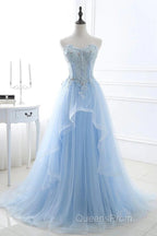 A Line Evening Prom Dress Sweetheart Tulle With Applique Sweep Train