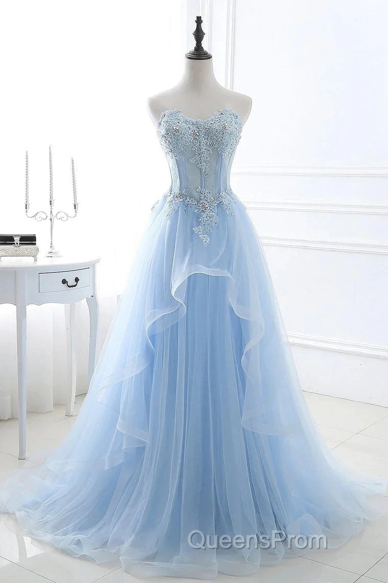 A Line Evening Prom Dress Sweetheart Tulle With Applique Sweep Train