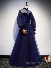 A-Line Evening Prom Dress Vintage Dress Party Wear Floor Length Long Sleeve Stand Collar Tulle With Bow(S) Strappy