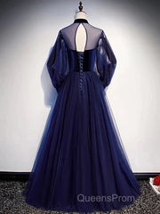 A-Line Evening Prom Dress Vintage Dress Party Wear Floor Length Long Sleeve Stand Collar Tulle With Bow(S) Strappy